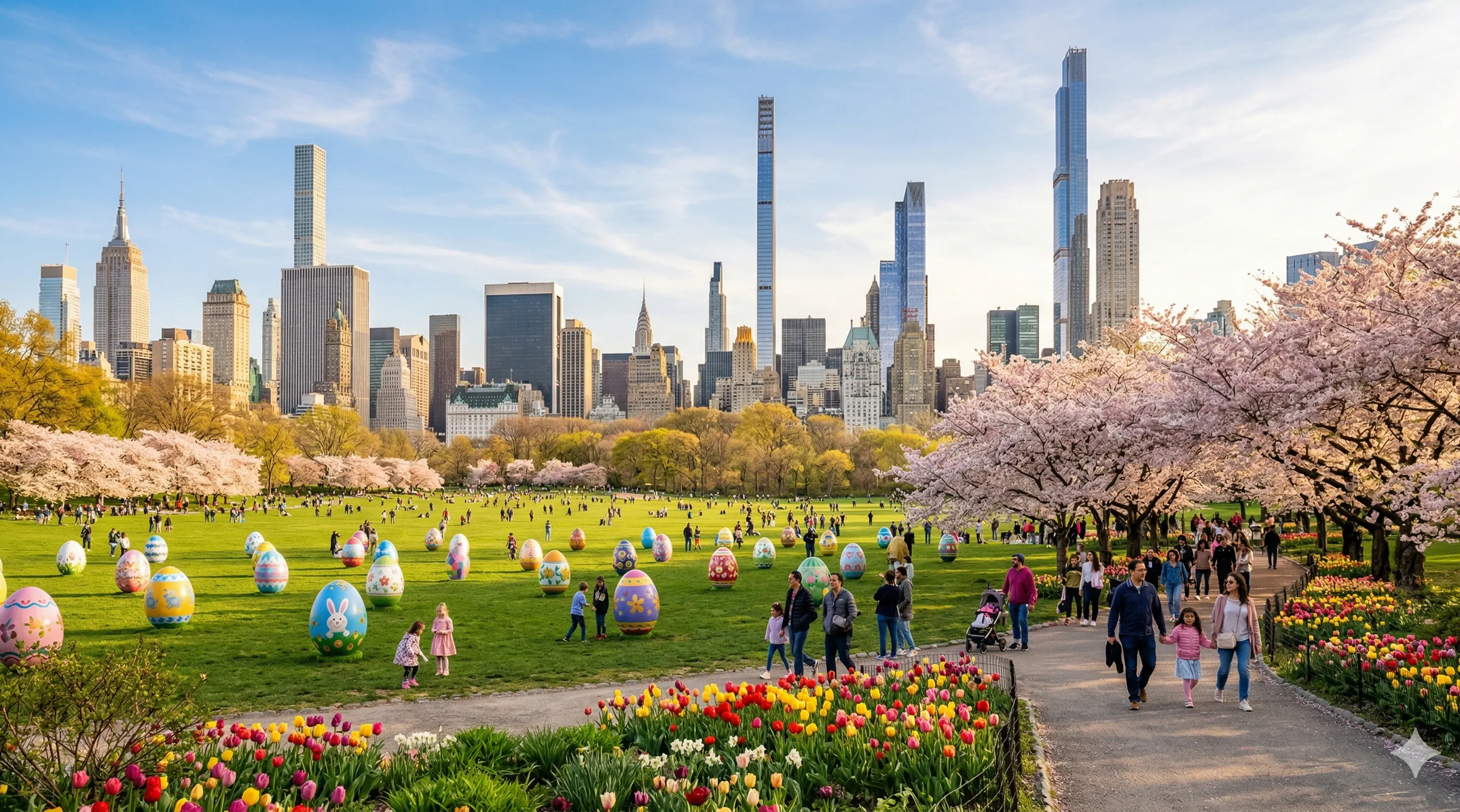 An imagined Easter scene in New York City with colorful eggs along Central Park